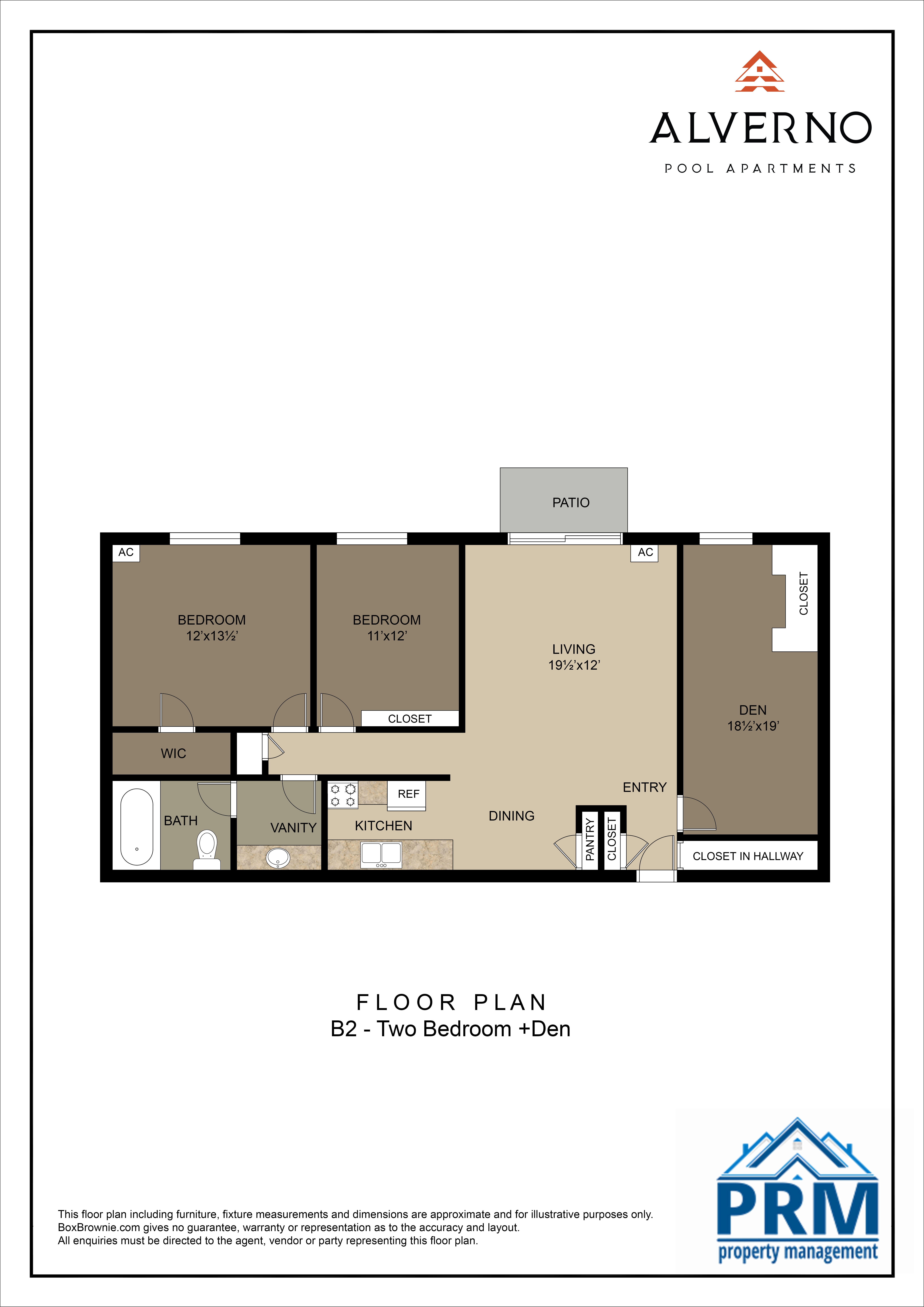Floor plan for 2 beds, 1 bath, 1050 sqft